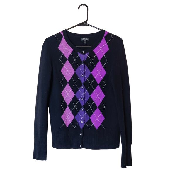 Apt 9 100% Cashmere Purple Argyle Diamond Cardigan Sweater Medium Preppy Cozy - Picture 1 of 10